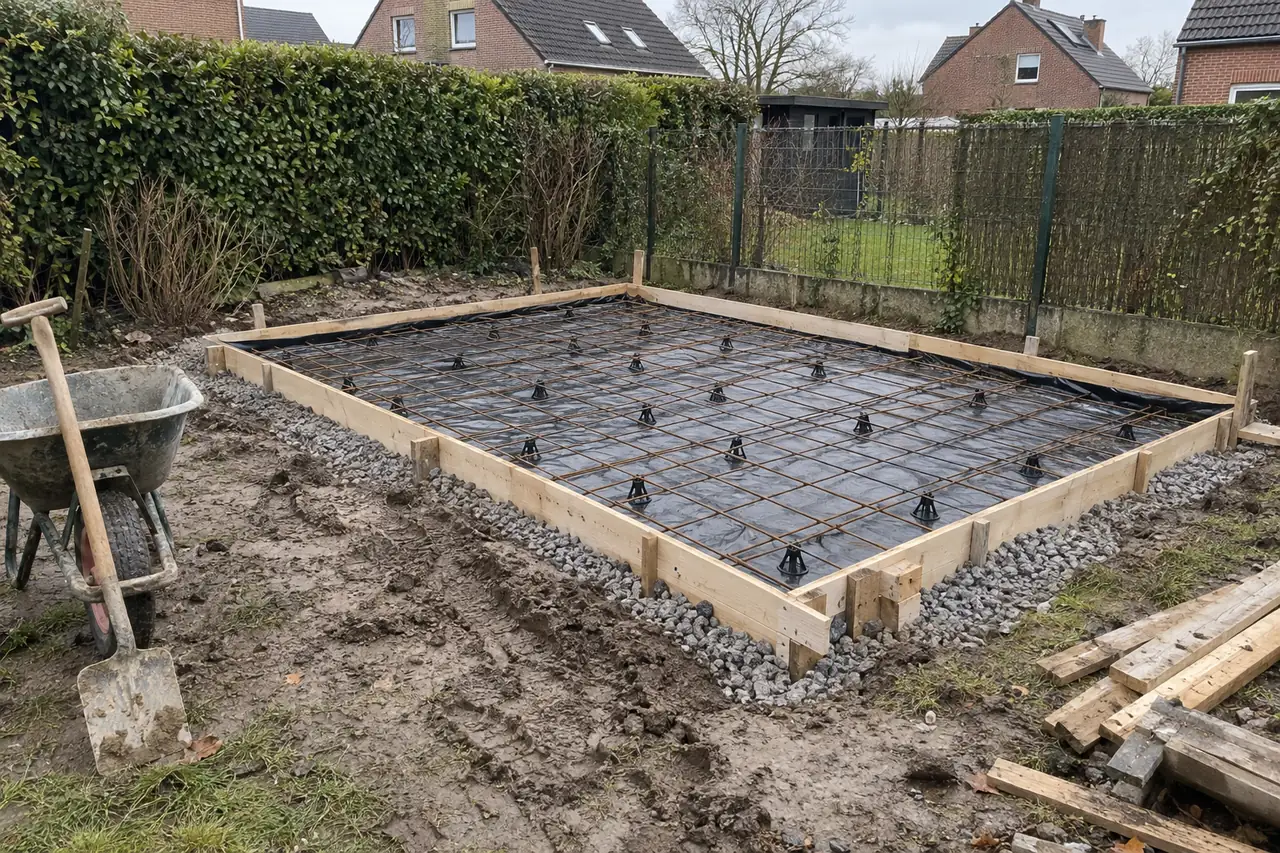 Bekisting, vochtscherm en wapeningsnet voor de betonplaat van een tuinhuis