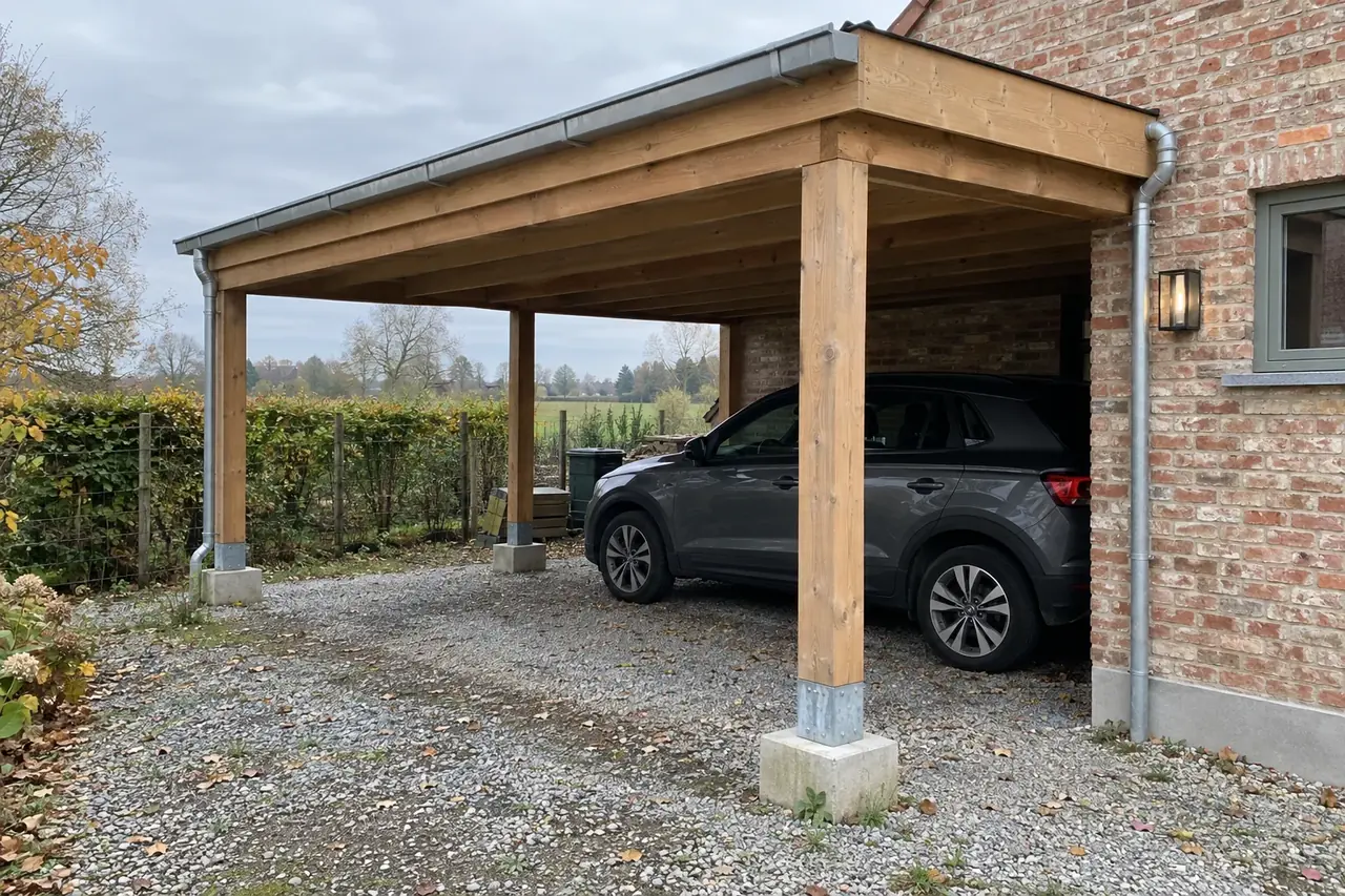Houten carport met plat dak en buitenverlichting tegen een bakstenen woning