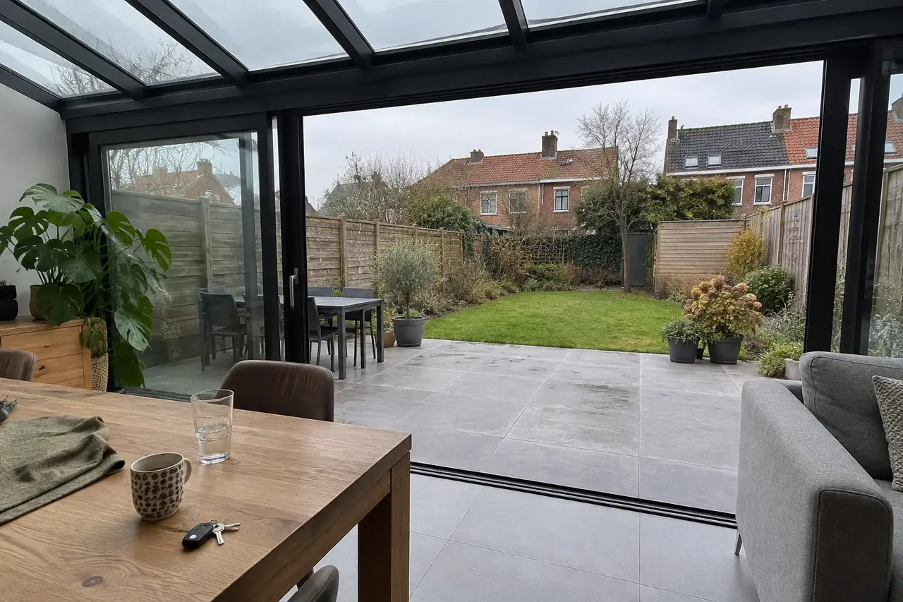 Open hefschuiframen van een leefveranda met zicht op het terras en de tuin