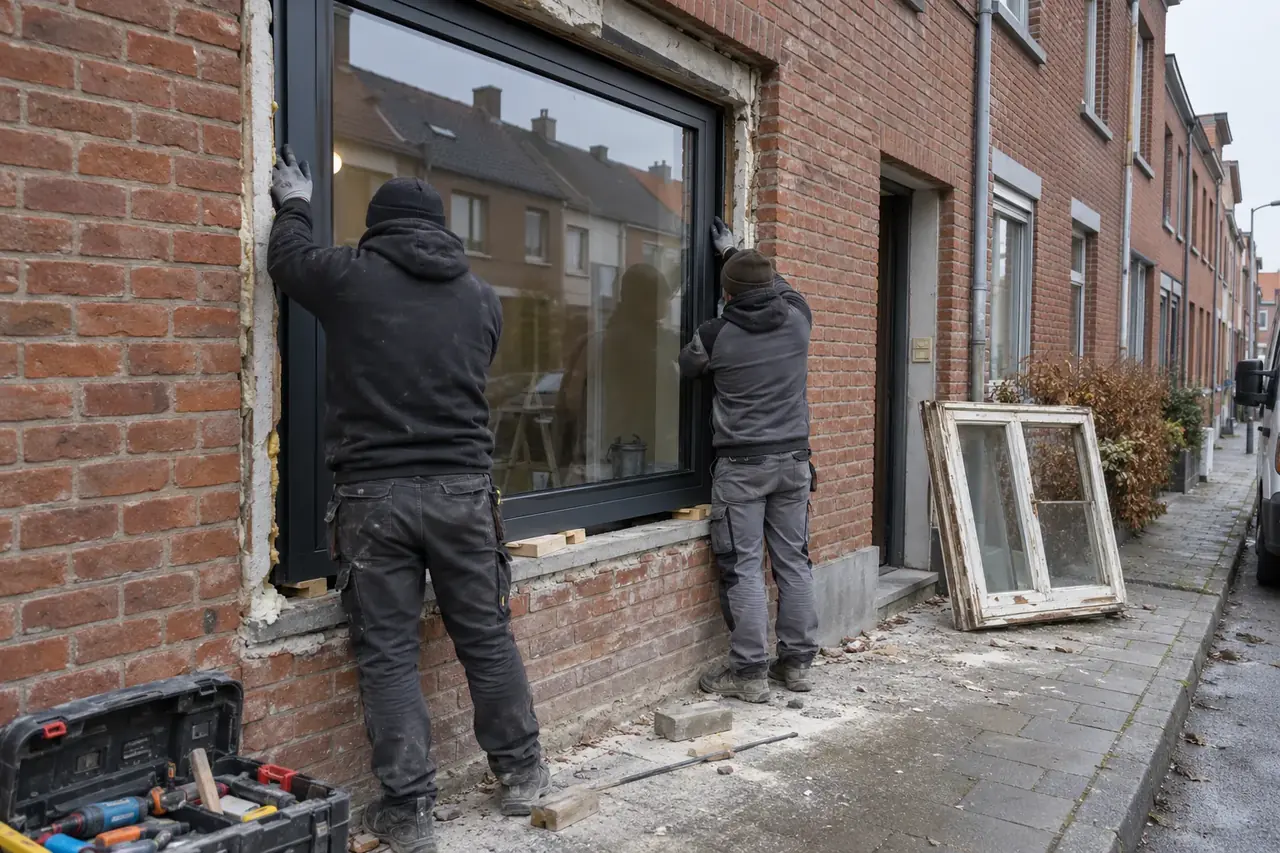 Plaatsing van een nieuw aluminium raam met isolerend glas in een oudere rijwoning